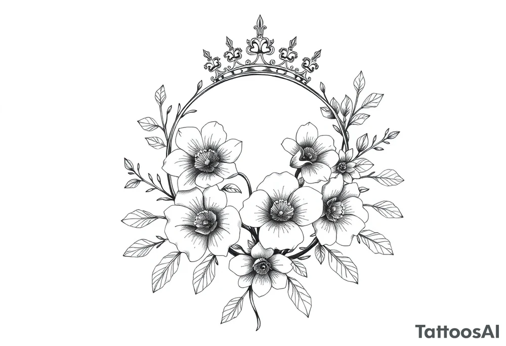 detailed beautiful gothic boho flowerson vine with gorgeous crown ornamental tattoo idea