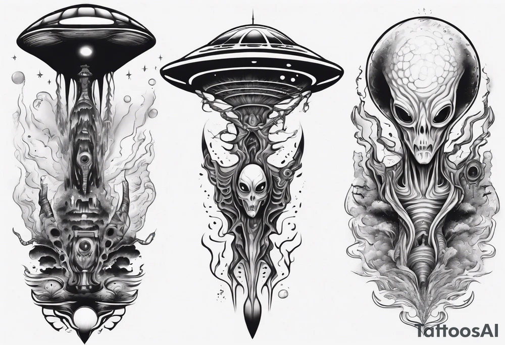 Trippy alien/ufo scene fractals dark for a leg sleeve tattoo tattoo idea