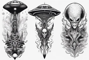 Trippy alien/ufo scene fractals dark for a leg sleeve tattoo tattoo idea