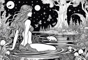 A mermaid under the stars in a swamp with cypress trees, mushrooms, frogs and bugs. tattoo idea