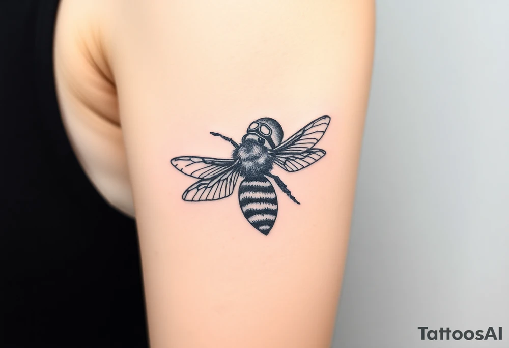 bee with a pilots hat flying next to a jet plane tattoo idea