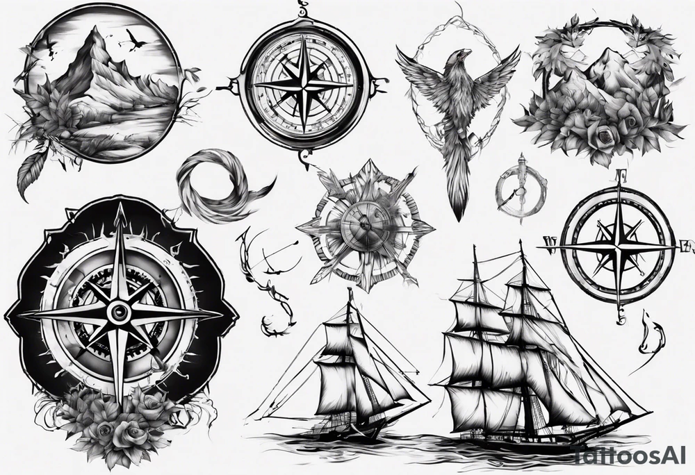 Landkarte mit einem Kompass drauf und einer Füllfeder mit Tinte, für den Unterarm tattoo idea