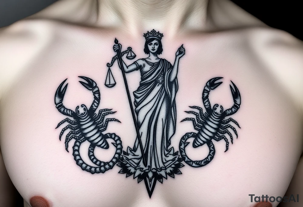 The figure of the blind Lady Justice next to two Scorpions tattoo idea