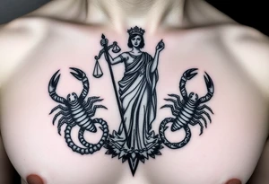 The figure of the blind Lady Justice next to two Scorpions tattoo idea