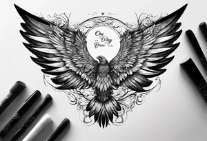 cursive writing "one day i am going to grow wings" with wings on either side tattoo idea
