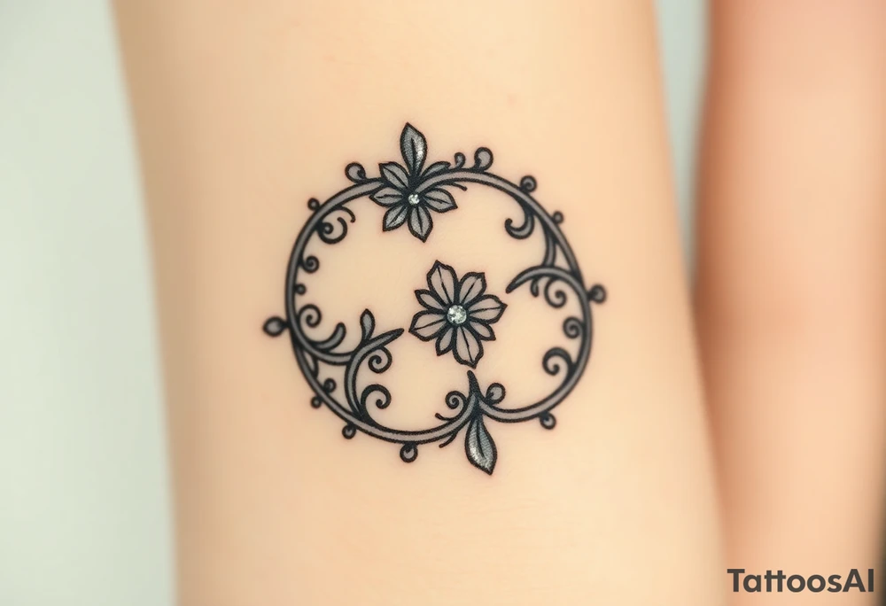 An elegant intertwined wedding ring, with delicate floral engravings and sparkling diamond details, symbolizing eternal love. tattoo idea