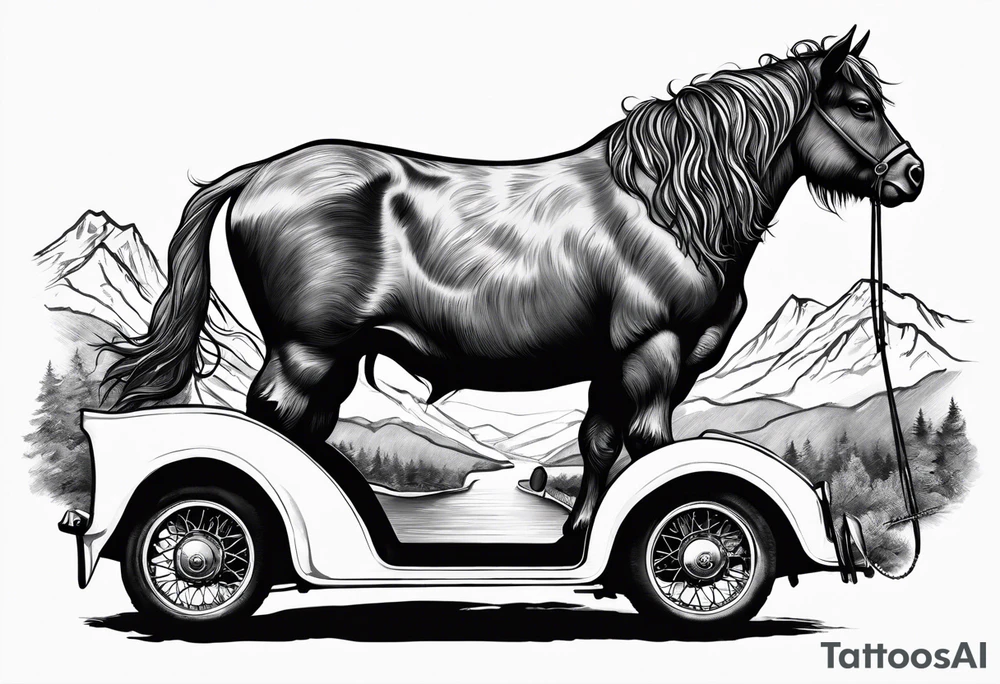 Nessie is being ridden like a horse by a highland cow tattoo idea