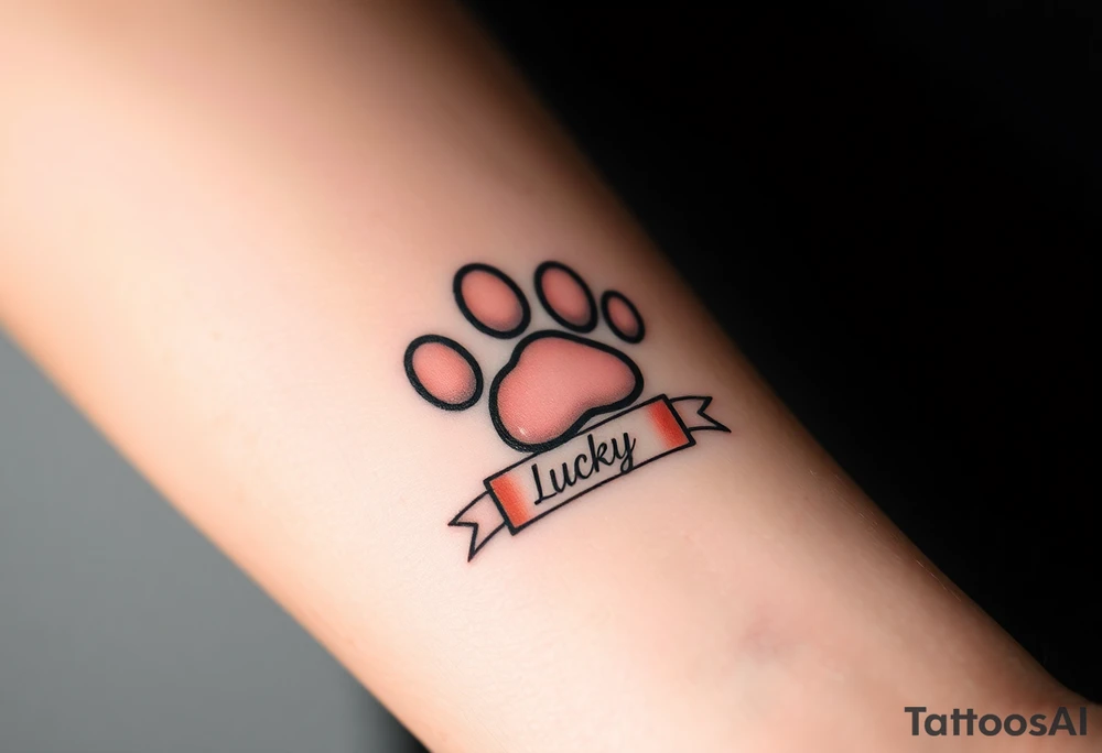 A paw print intertwined with a hearts and ribbon bearing a name Lucky, using a soft gradient of peach and rose gold tattoo idea