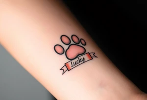 A paw print intertwined with a hearts and ribbon bearing a name Lucky, using a soft gradient of peach and rose gold tattoo idea