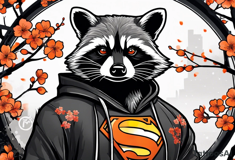 Raccoon wearing a white Superman logo on a black hoodie and orange Japanese cherry blossoms tattoo idea