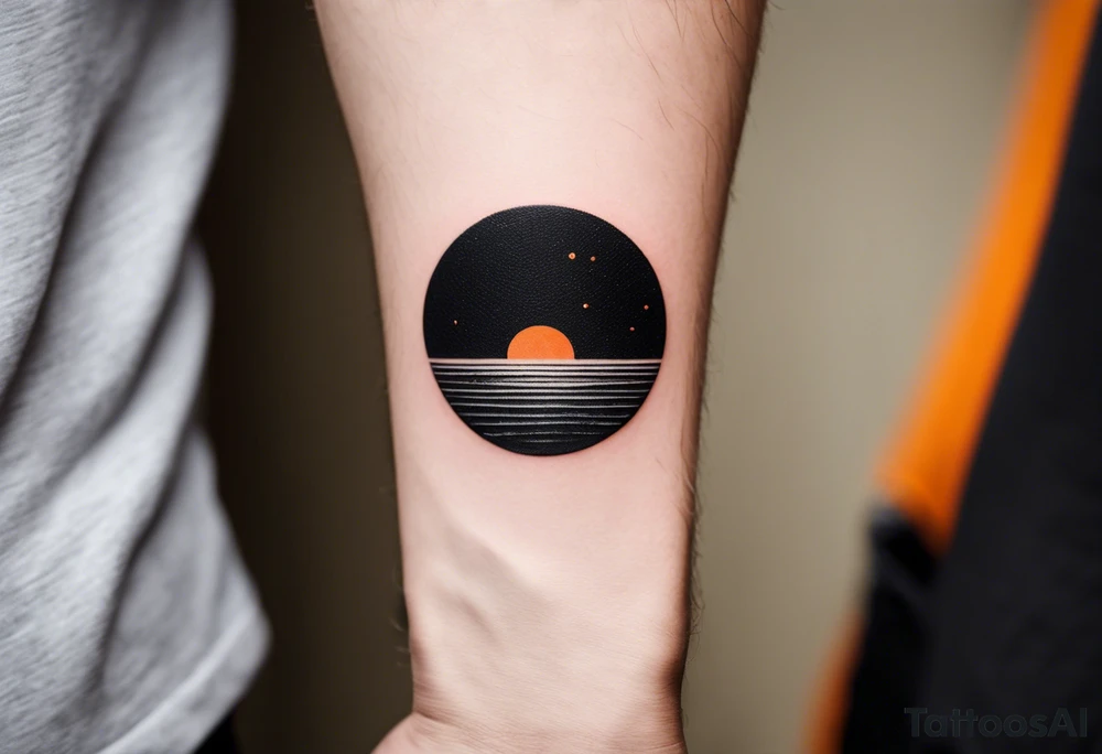 This is an extremely simple and minimalistic tattoo on male forearm. It is black and white with minuscule splashes of orange from the sun. The tattoo 4 inches wide by 2 inches tall. It is NOT a circle. From the perspective of being on the ocean, Water is calm, with no waves in sight, the sun is setting behind the ocean, reflecting light onto the water. The water has shading. tattoo idea
