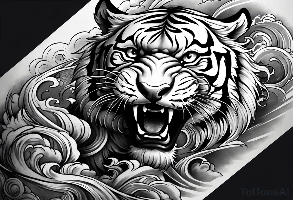 Asian Japanese Chinese style tiger twisting body for a forearm half sleeve, clouds tattoo idea