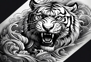 Asian Japanese Chinese style tiger twisting body for a forearm half sleeve, clouds tattoo idea