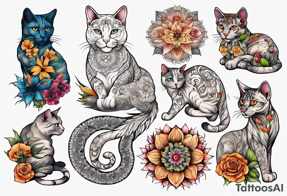 Cat colored flowers Mandala tattoo idea