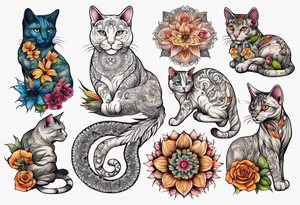 Cat colored flowers Mandala tattoo idea