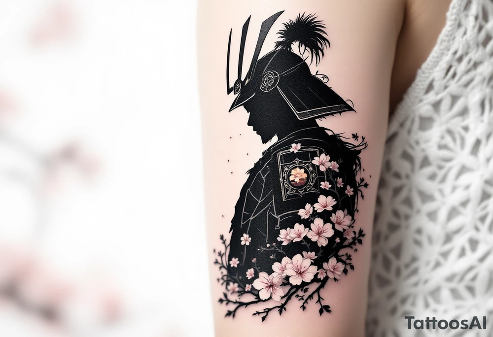 noble samurai warrior silhouette at sunset with cherry blossoms tattoo idea