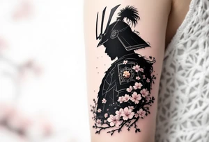 noble samurai warrior silhouette at sunset with cherry blossoms tattoo idea