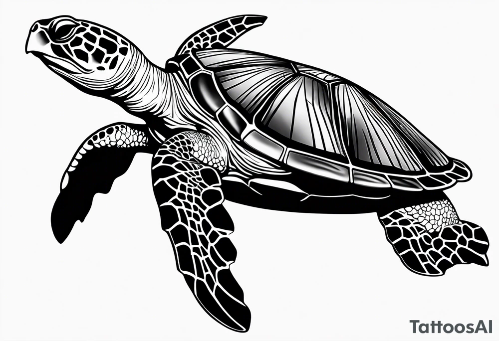 Hawksbill turtle swimming, side view, scuba diving tank on its back tattoo idea