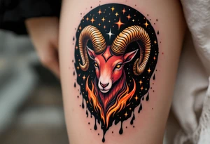 A fiery Aries tattoo featuring a bold red and orange ram’s head with golden horns curling upward, set against a black cosmic background with glowing stars and subtle flames licking around the edges. tattoo idea