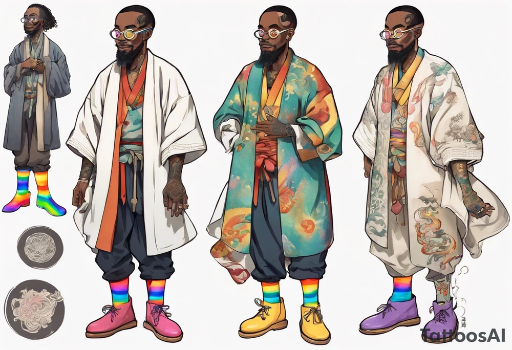a medieval black man wearing round glasses, wearing rainbow boots, wearing a tunic tattoo idea