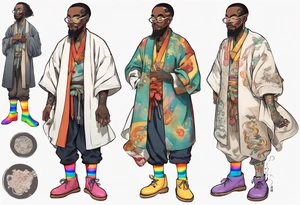 a medieval black man wearing round glasses, wearing rainbow boots, wearing a tunic tattoo idea