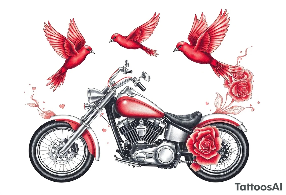 Motorcycle, two red birds flying, roses and lace, flames tattoo idea