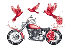 Motorcycle, two red birds flying, roses and lace, flames tattoo idea