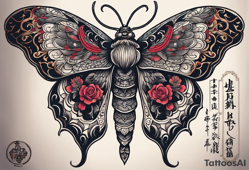 Large death moth for sternum with quote “blood of the coven is thicker than water of the womb” tattoo idea