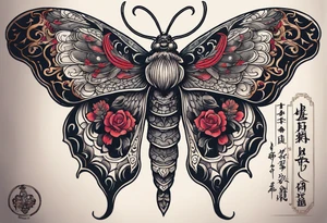 Large death moth for sternum with quote “blood of the coven is thicker than water of the womb” tattoo idea