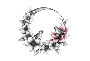 crescent floral moon with lotus flower and baby birds tattoo idea