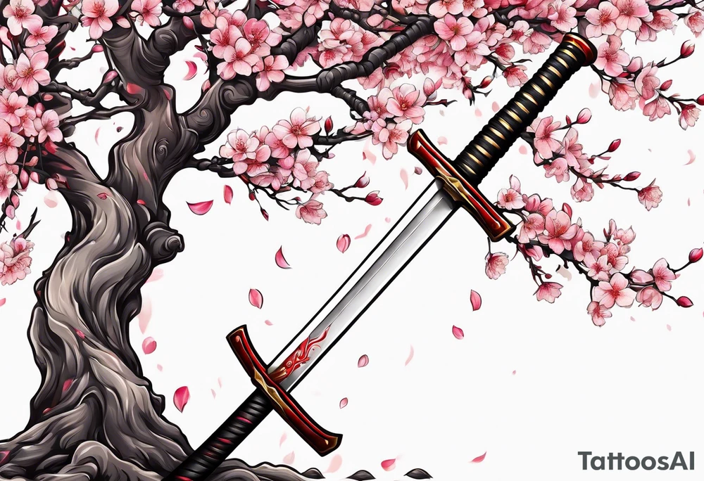 Japanese cherry tree with a katana laying against it tattoo idea