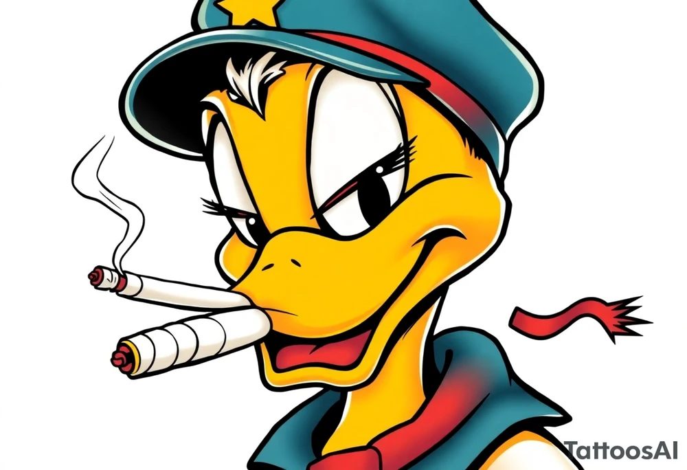 Older looking Daffy duck  smoking a rolled cigarette with a Vietnam veteran hat on and make his eyelids low and chill looking tattoo idea