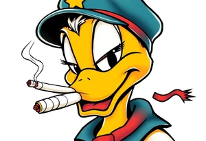 Older looking Daffy duck  smoking a rolled cigarette with a Vietnam veteran hat on and make his eyelids low and chill looking tattoo idea