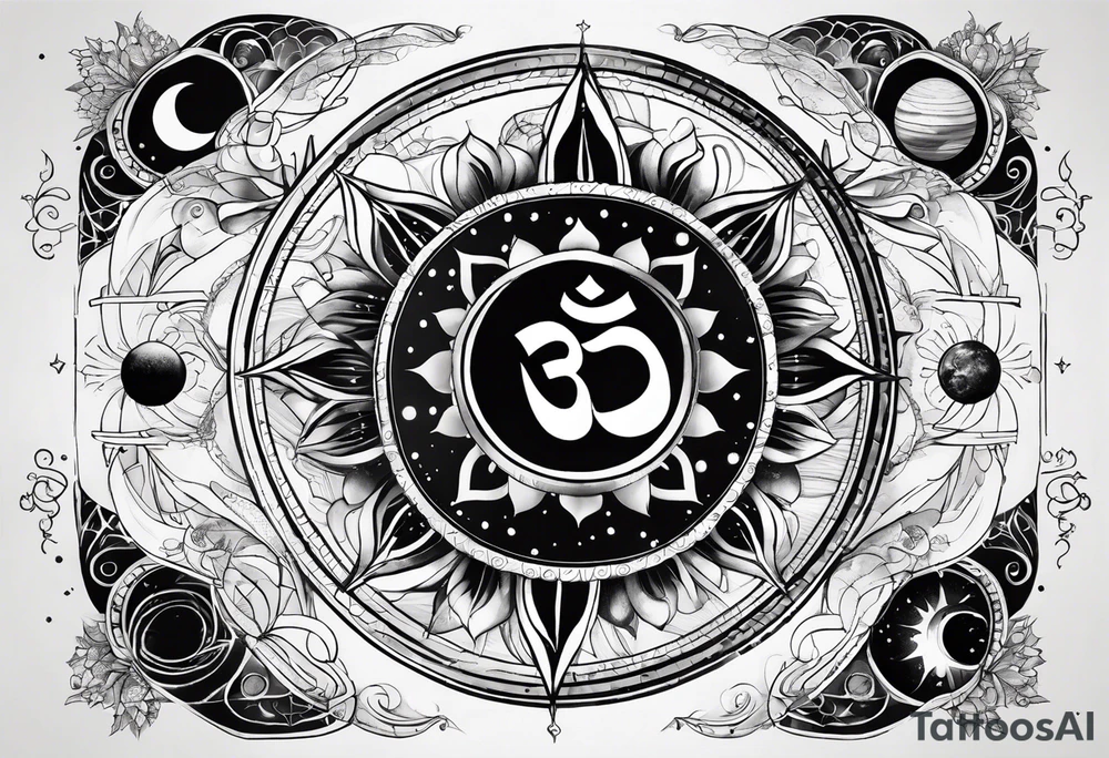 engineering and nature revolving around solar system with OM symbol in the center tattoo idea