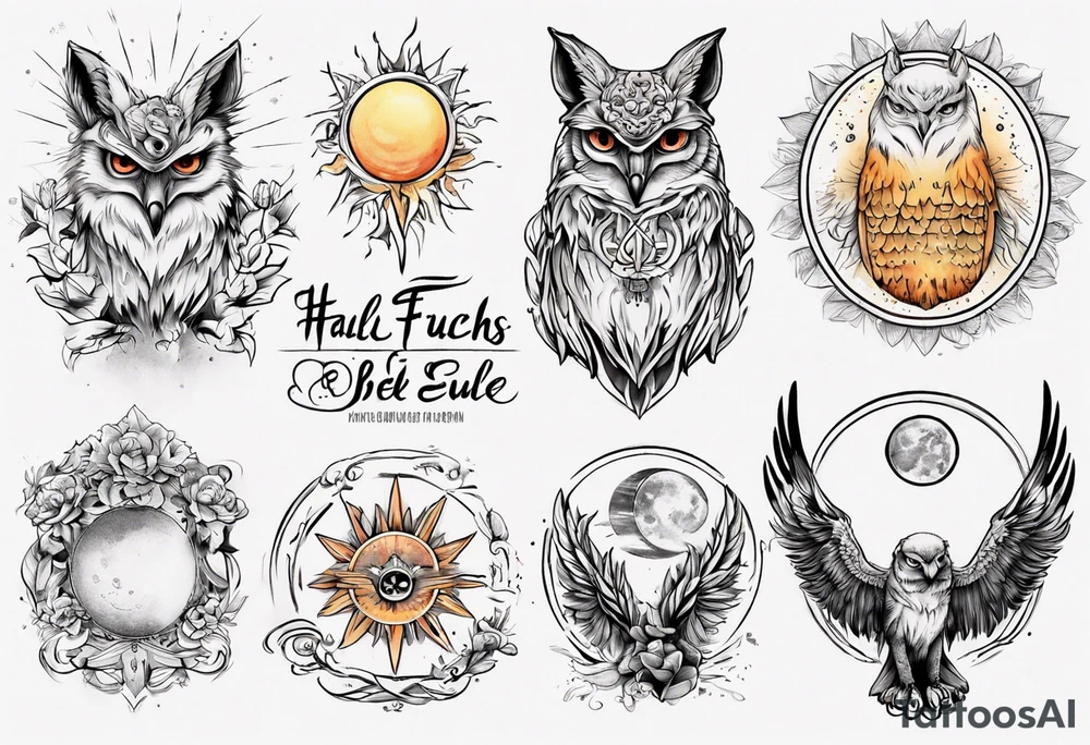 halb 
Fuchs halb Eule unter der Sonne mit dem Schriftzug Sapere Aude tattoo idea