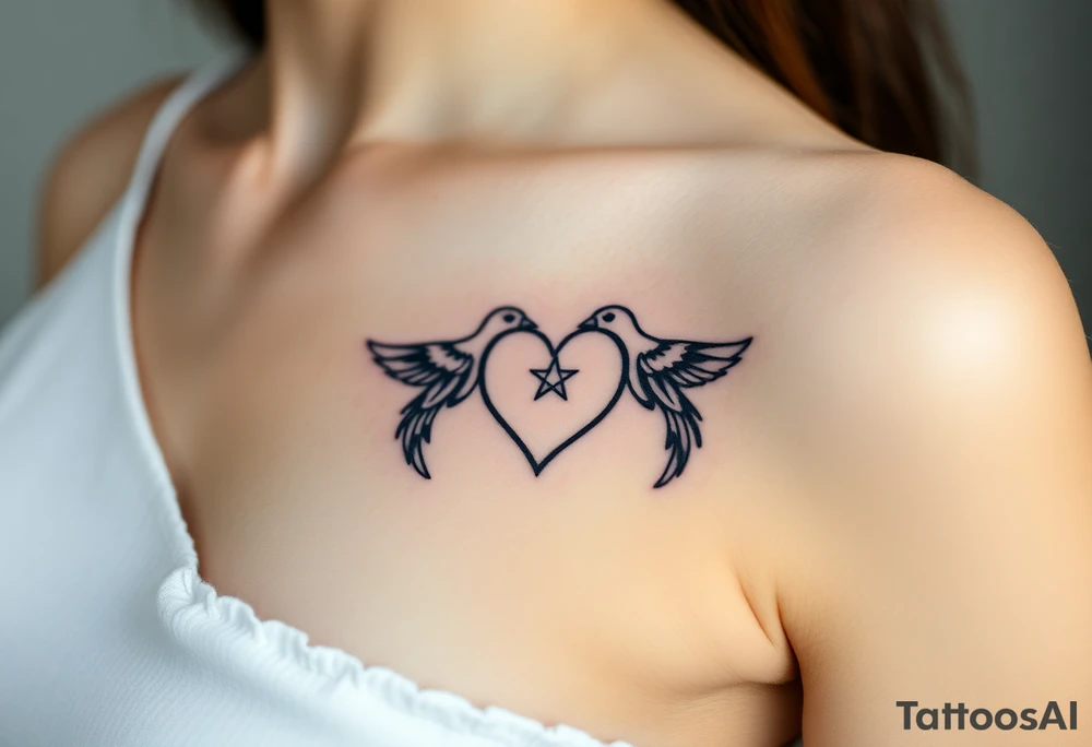 dainty sacred heart with two birds tattoo idea