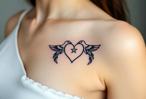 dainty sacred heart with two birds tattoo idea