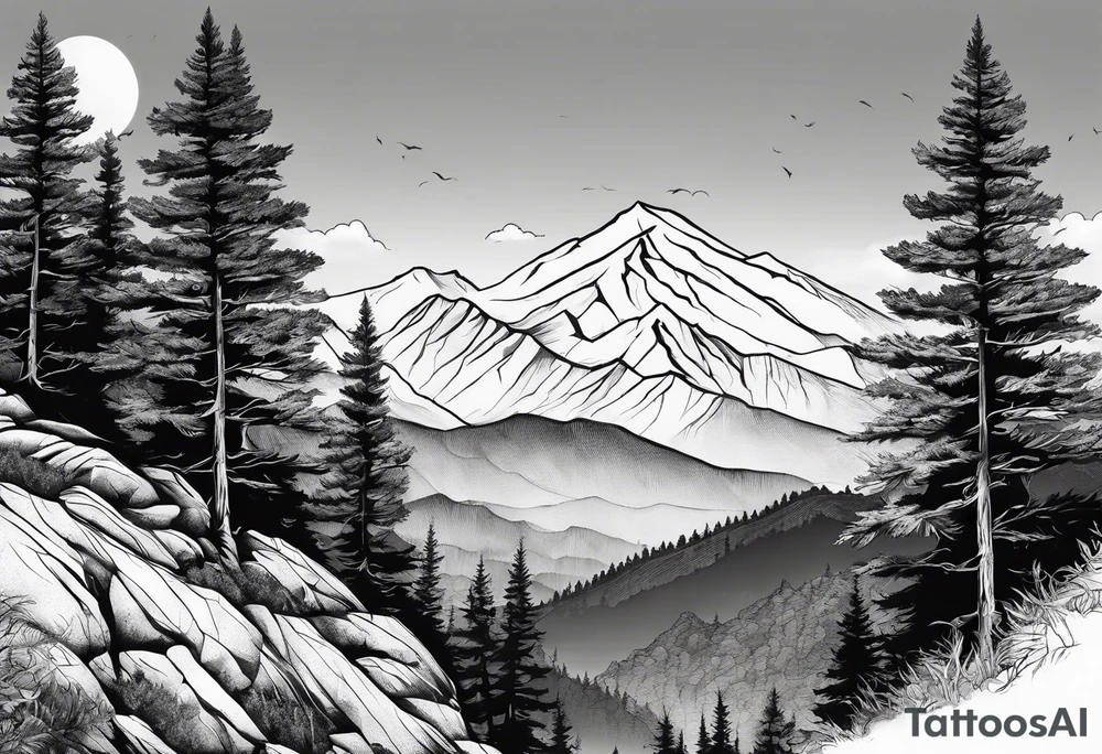 large trees on the side of mountain with mountains and sun tattoo idea