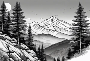 large trees on the side of mountain with mountains and sun tattoo idea