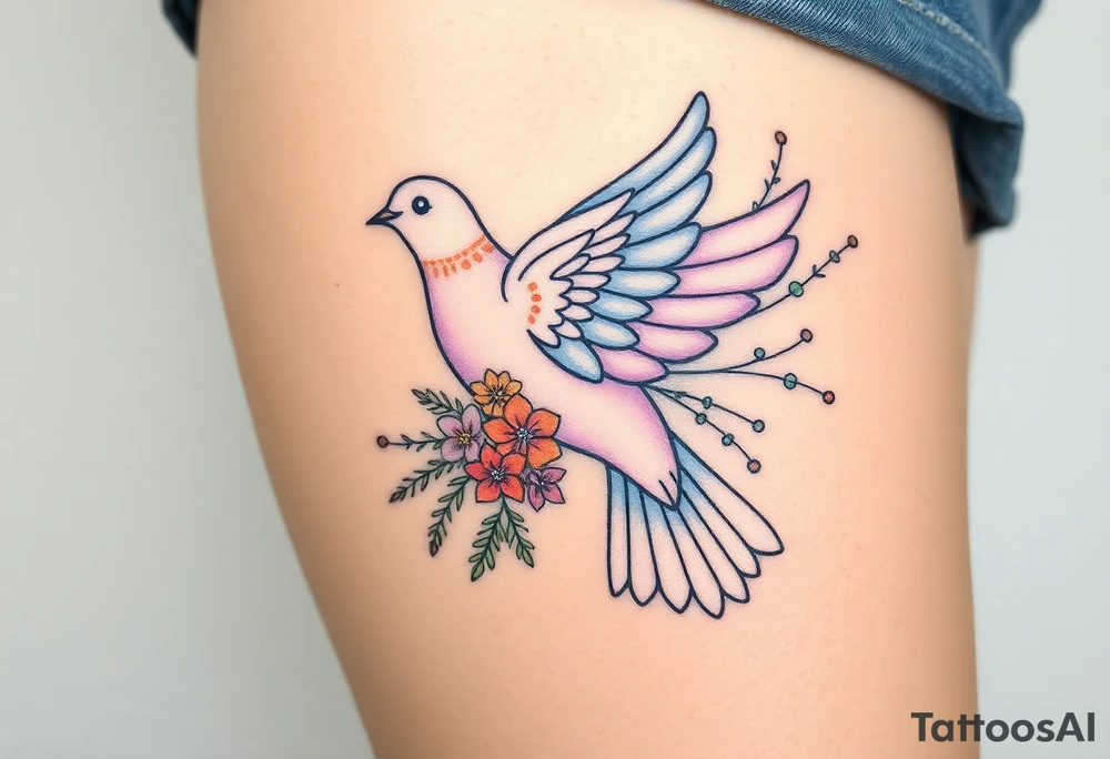 A collared dove with a bouquet of wildflowers in its talons, in soft pastel tones like lavender, peach, and pale blue, representing love and freedom in nature tattoo idea