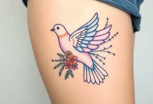 A collared dove with a bouquet of wildflowers in its talons, in soft pastel tones like lavender, peach, and pale blue, representing love and freedom in nature tattoo idea