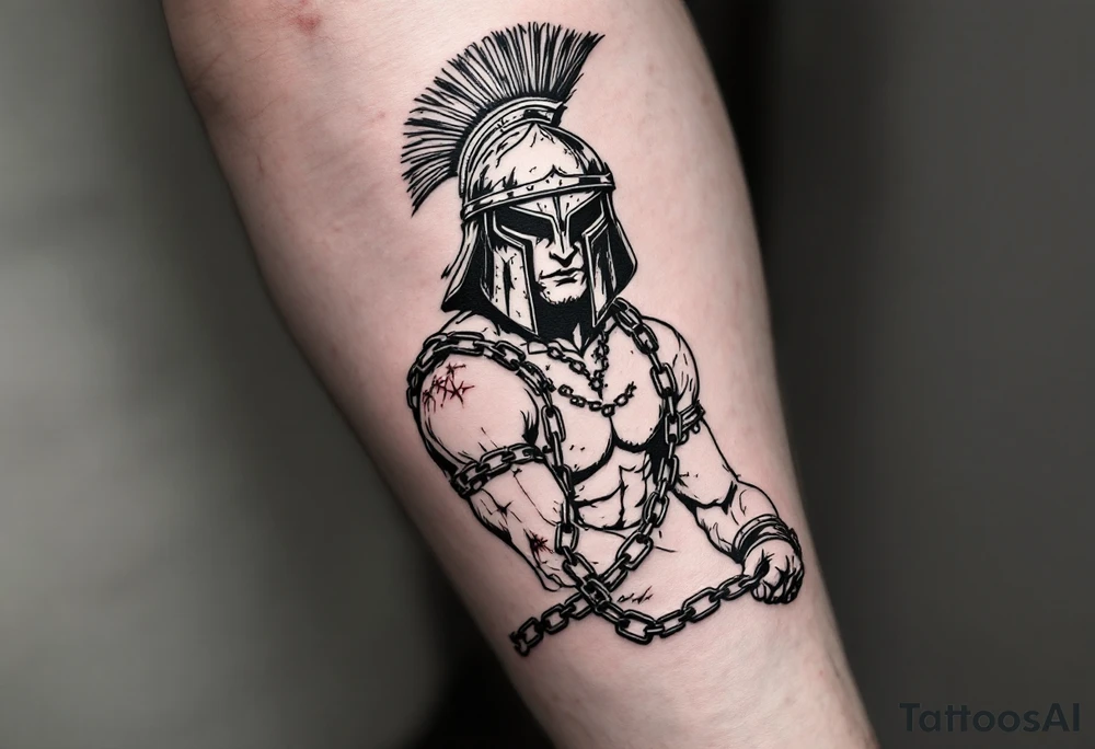 Chains of the Slave Gladiator – A warrior with iron chains hanging from his wrists, symbolizing his past as a slave. His rusted helmet bears the scars of countless fights, and his muscular body is covered in old wounds. tattoo idea