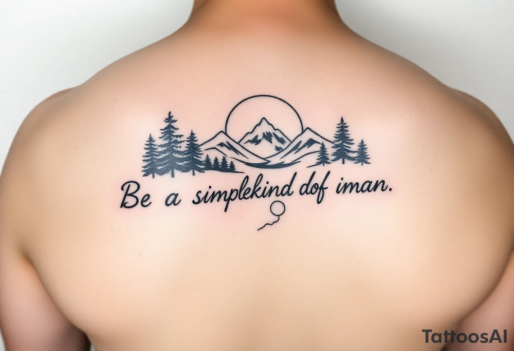 A minimalist tattoo with the words ‘Be a Simple Kind of Man’ in handwritten script, framed by pine trees, mountains, and a rising sun. Evokes peaceful strength and humility. Fine line blackwork for the forearm. Add a sliver of a moon and a river in the forefront. tattoo idea