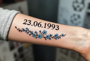 Subtle date 23.03.1993 in fine black linework, wrapped in pastel blue forget-me-nots. tattoo idea