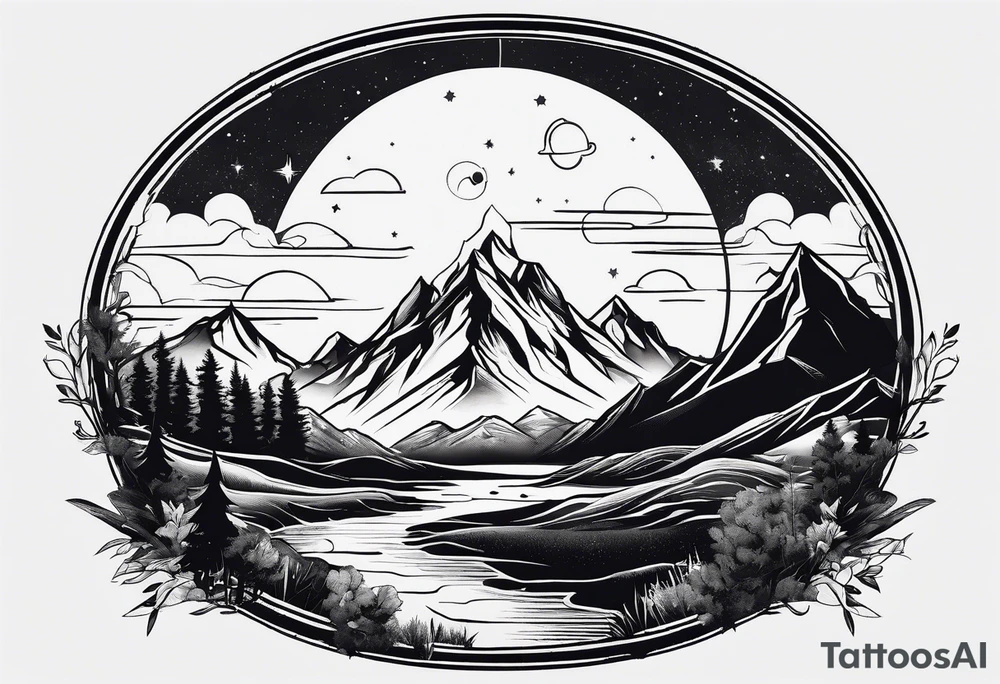 mountain and space simple line style tattoo idea