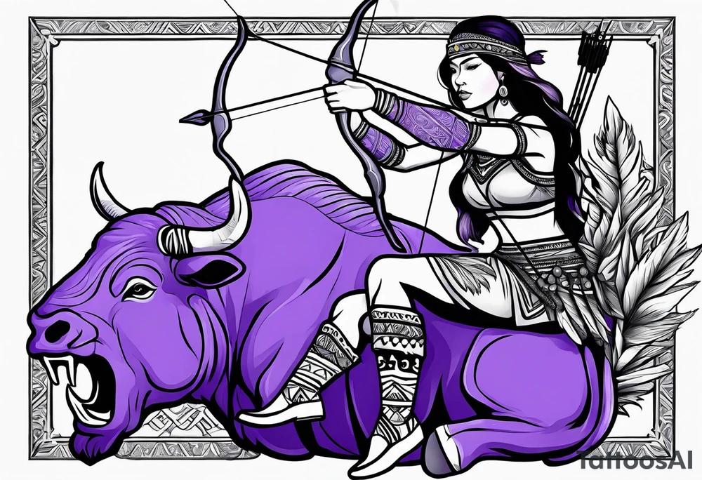 native woman female archer with bead headband sitting on a purple buffalo standing still tattoo idea