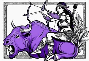 native woman female archer with bead headband sitting on a purple buffalo standing still tattoo idea