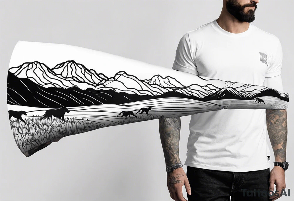 Men’s full arm sleeve. Rolling fields and the Tennessee mountains. With 4 Great Dane heads intertwined in the sleeve. tattoo idea