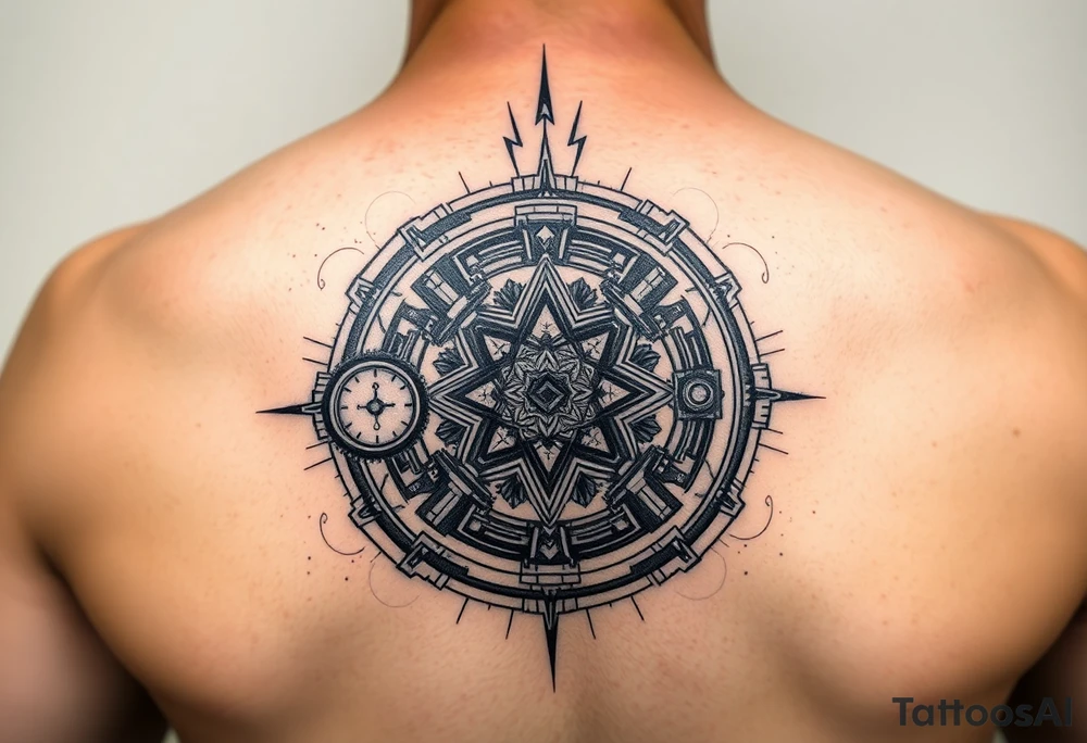 Abstract geometric engine cross-section, multiple chambers showing active transformation - raw materials entering, pressure gauges maxed out, diamond crystallizing in center chamber, fuel lines forming mandala patterns, small alchemical symbols (sulfur, mercury, salt) integrated into mechanical parts, everything in motion with dynamic flow lines, black and grey tattoo with energy radiating tattoo idea