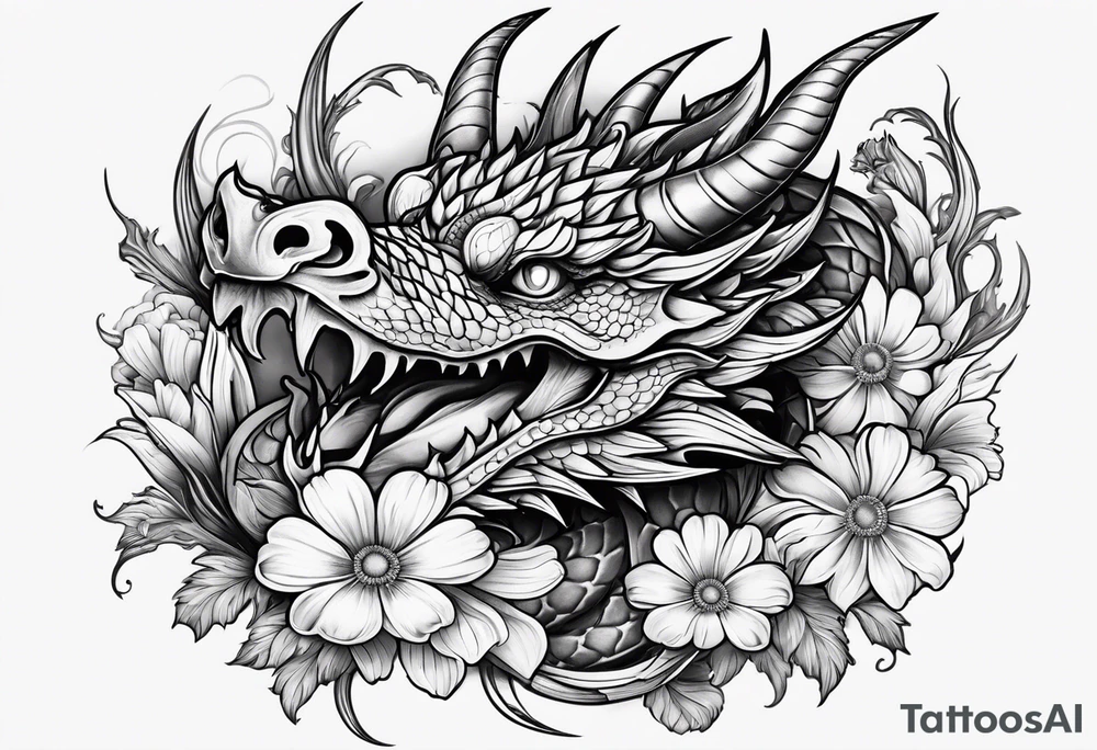 Dragon with sweet pea daisy flower tattoo idea